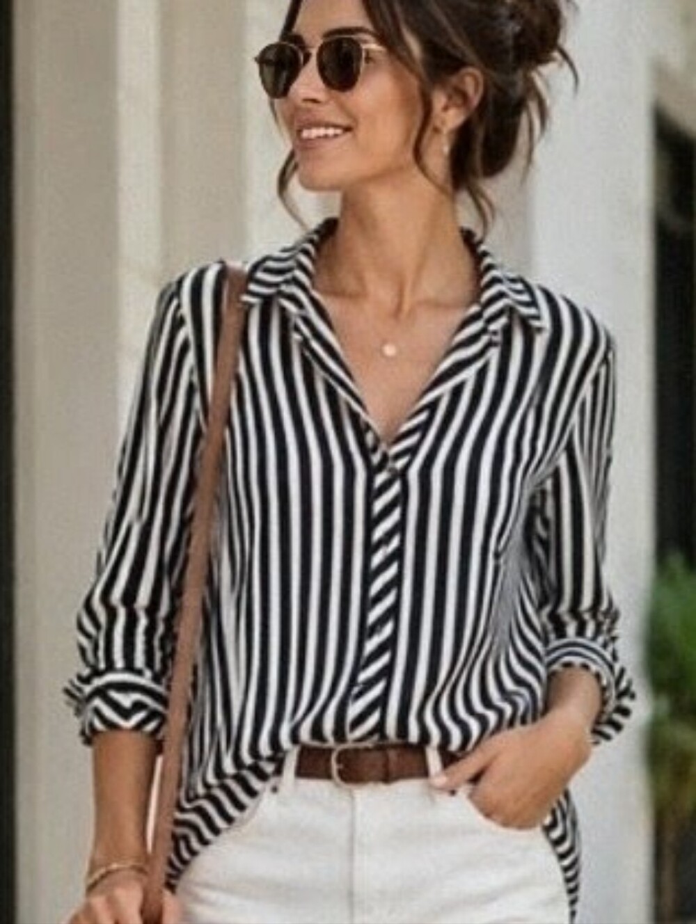 Candie's Black and White Vertical Stripe Button-Up Blouse Size L